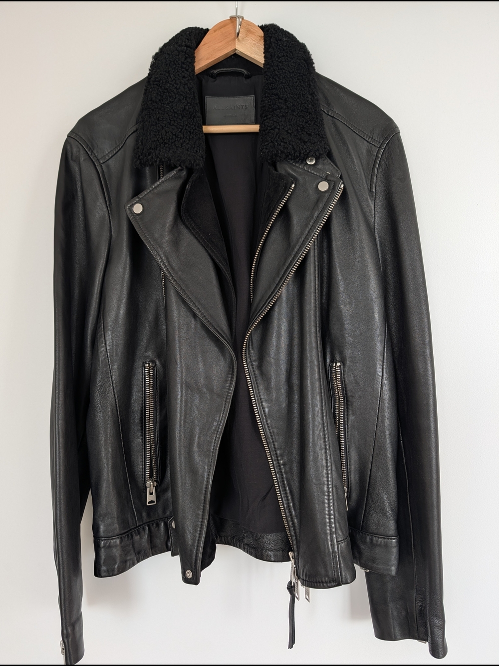 Allsaints Mens Black Leather Moto Jacket with Sherpa Collar size M